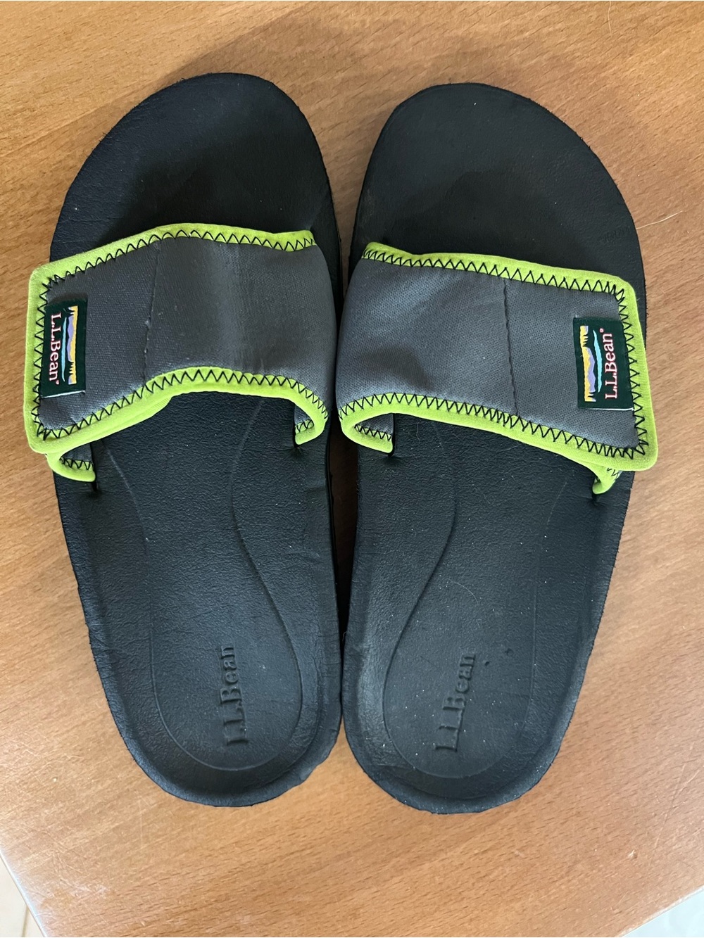 L.L.Bean Slide Sandals in Black with Neon Green Trim boys